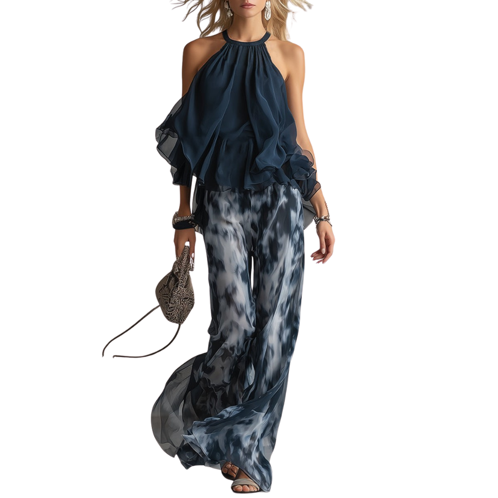 ARANCHA | ELEGANTE TOP DE CUELLO ALTO CON PANTALONES ANCHOS ESTAMPADOS