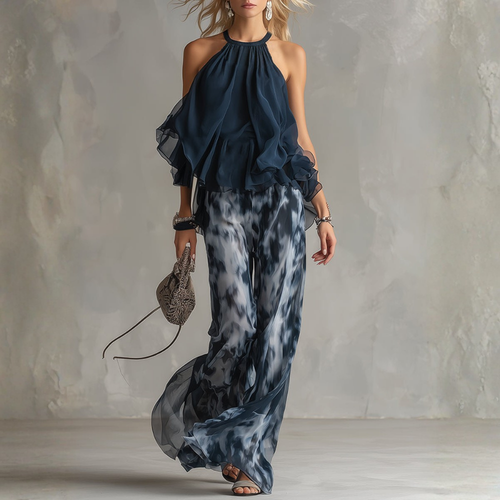 ARANCHA | ELEGANTE TOP DE CUELLO ALTO CON PANTALONES ANCHOS ESTAMPADOS