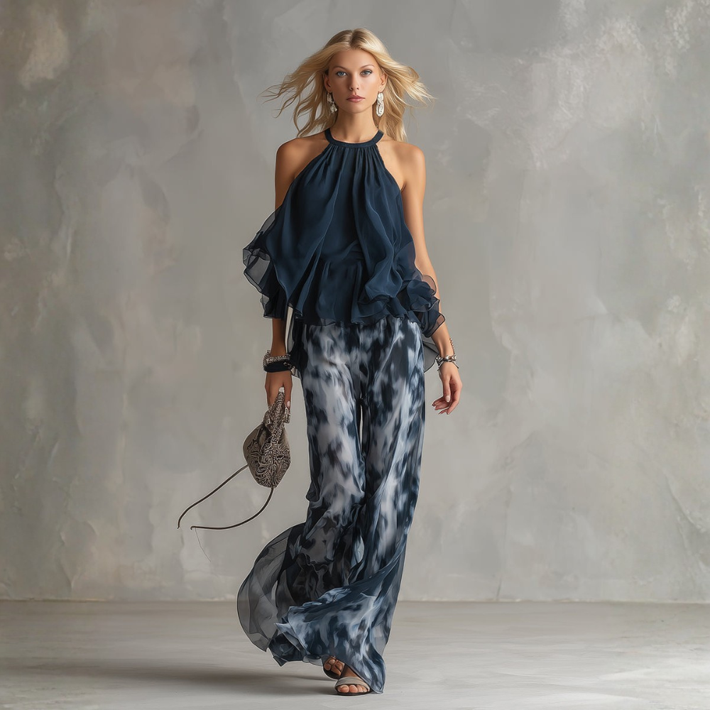 ARANCHA | ELEGANTE TOP DE CUELLO ALTO CON PANTALONES ANCHOS ESTAMPADOS