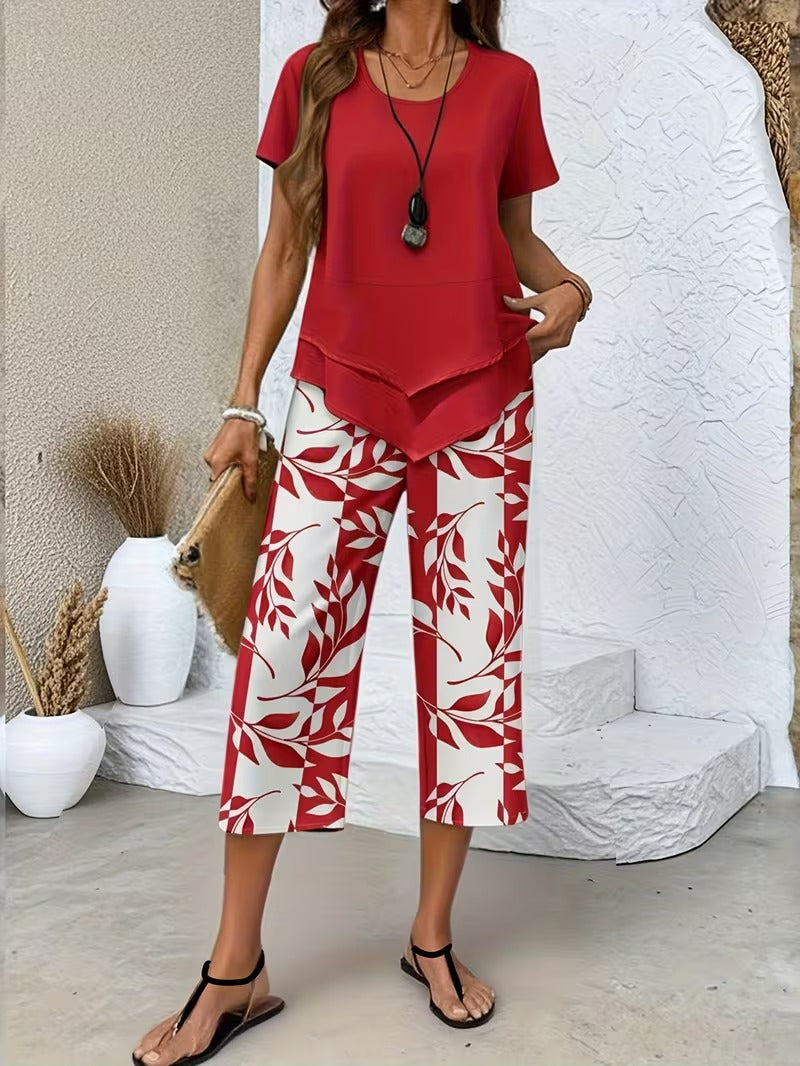 Avy | Conjunto informal de dos piezas con estampado de hojas