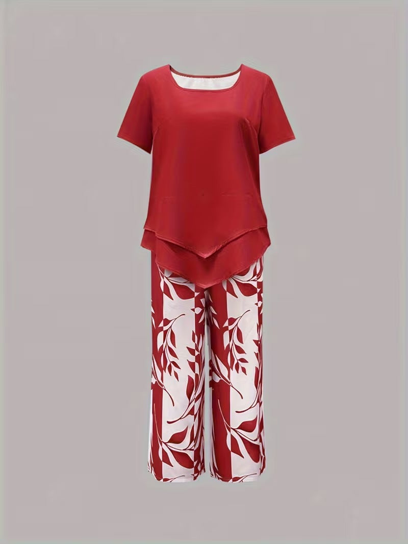 Avy | Conjunto informal de dos piezas con estampado de hojas